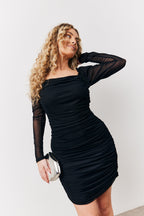 Black Mesh Ruched Detail Mini Dress