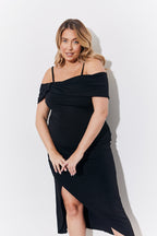 Black Magic Sculpting Strappy Bardot Midi Dress