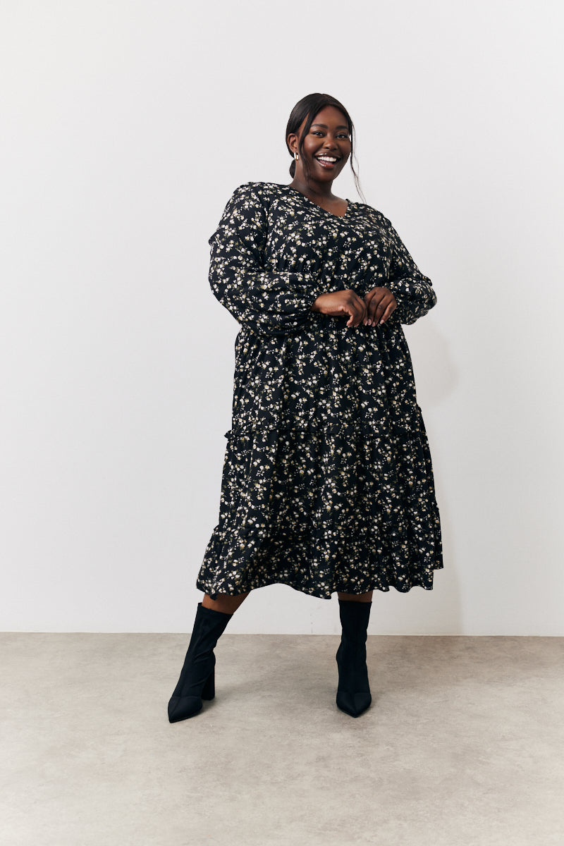 Black Ditsy Floral Printed Wrap Midi Dress