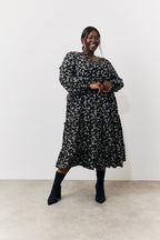 Black Ditsy Floral Printed Wrap Midi Dress