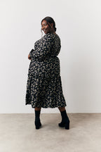 Black Ditsy Floral Printed Wrap Midi Dress