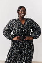 Black Ditsy Floral Printed Wrap Midi Dress