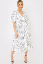 Polka Dot Print Pleated Wrap Midi Dress
