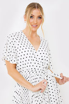 Polka Dot Print Pleated Wrap Midi Dress