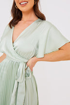 Angel Sleeve Pleated Wrap Midi Dress