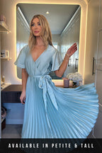 Angel Sleeve Pleated Wrap Midi Dress