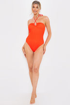 Control Textured Keyhole Front Halter Neck Swimsuit