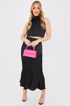 Satin Draped High Neck Co Ord Top