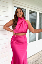 Satin Draped High Neck Co Ord Top