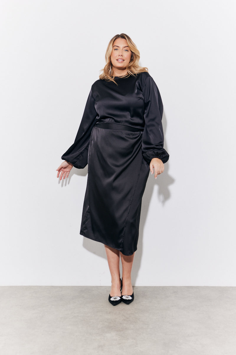 Black Curved Hem Satin Top