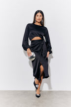 Black Curved Hem Satin Top
