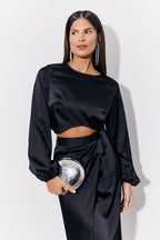Black Curved Hem Satin Top