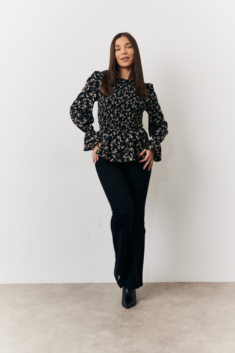 Black Floral Shirred Bust Blouse