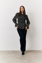 Black Floral Shirred Bust Blouse
