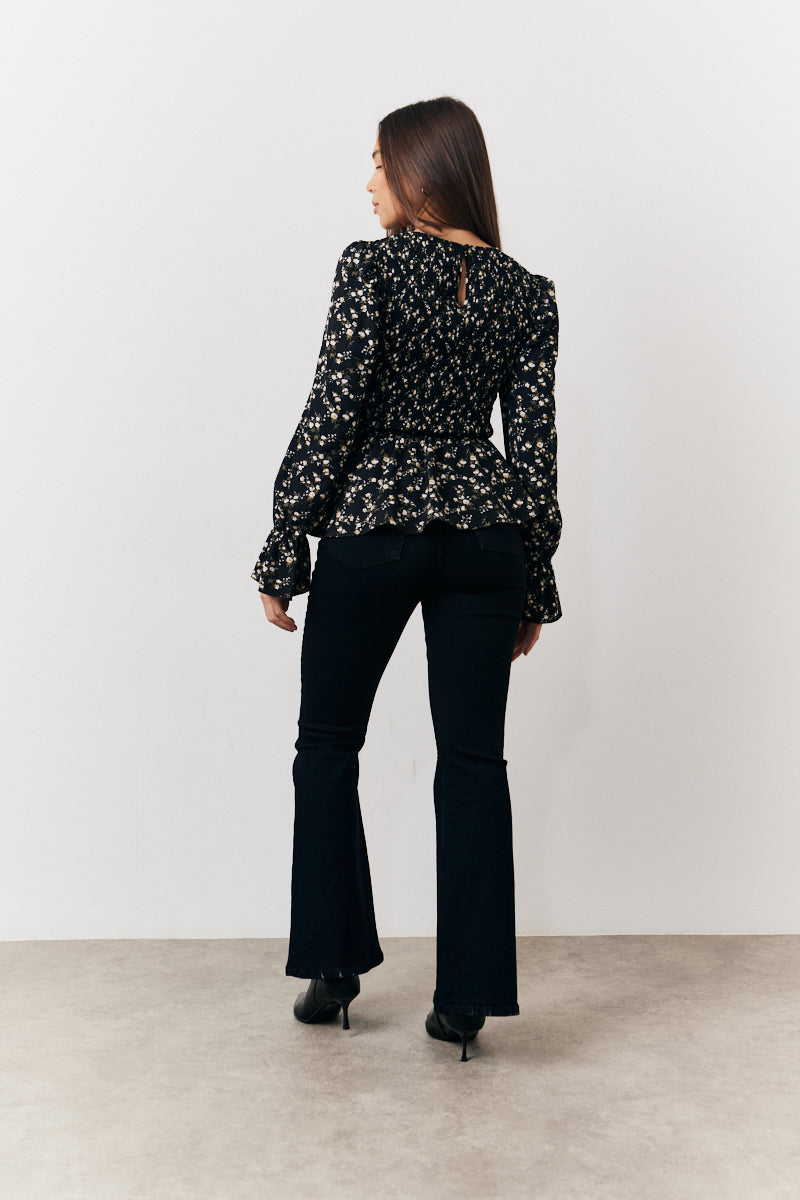 Black Floral Shirred Bust Blouse
