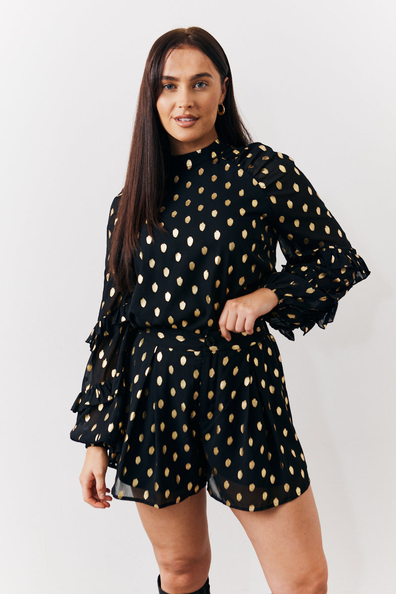 Black Foil Detail Chiffon Blouse