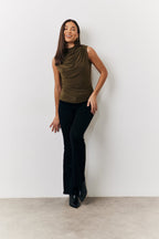 Khaki Slinky Cowl Front Sleeveless Top