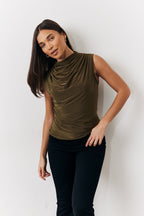 Khaki Slinky Cowl Front Sleeveless Top