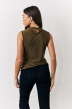 Khaki Slinky Cowl Front Sleeveless Top