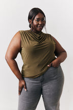 Khaki Slinky Cowl Front Sleeveless Top