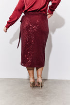 Burgundy Sequin Wrap Midi Skirt