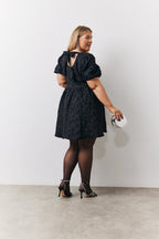 Jacquard Bow Back Puff Sleeve Smock Dress
