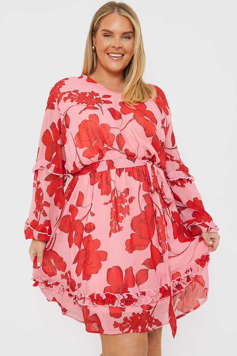 Floral Printed Chiffon Frill Detail Balloon Sleeve Mini Dress