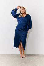 Navy Satin Wrap Midi Dress
