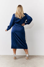 Navy Satin Wrap Midi Dress
