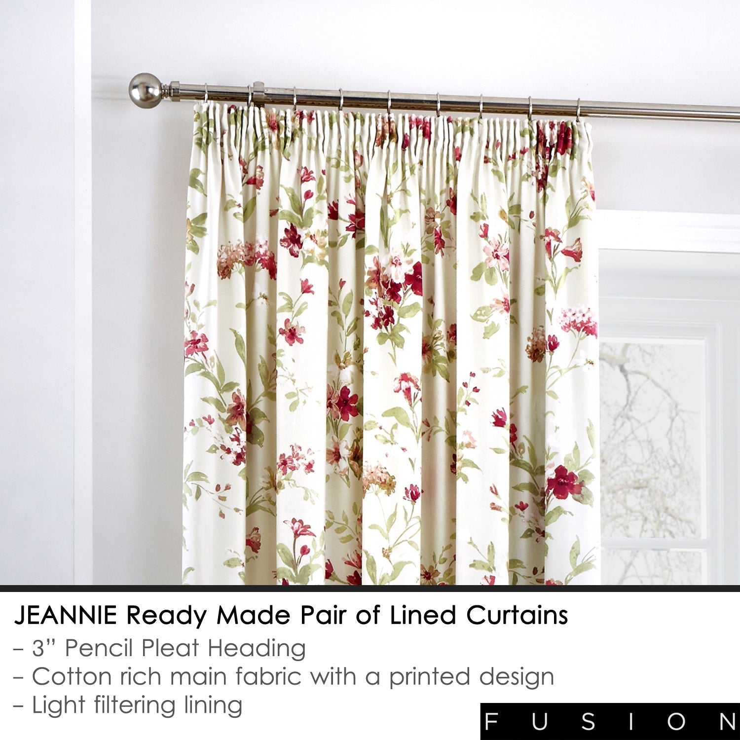 Jeannie Red Floral Pencil Pleat Curtains