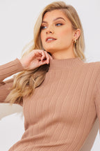 High Neck Variegated Rib Knit Midi Dress