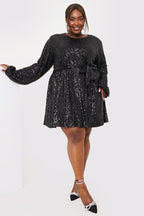 Sequin Belted Balloon Sleeve Mini Dress