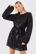 Sequin Belted Balloon Sleeve Mini Dress