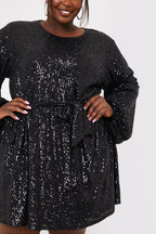 Sequin Belted Balloon Sleeve Mini Dress