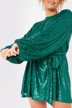 Sequin Belted Balloon Sleeve Mini Dress