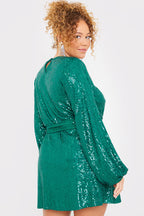 Sequin Belted Balloon Sleeve Mini Dress