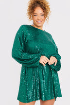 Sequin Belted Balloon Sleeve Mini Dress