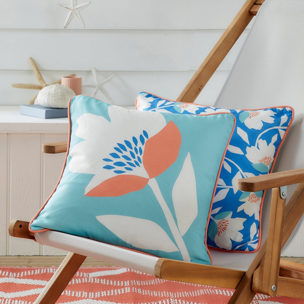 Luna Duck Egg Reversible Floral Outdoor Cushion (43cm x 43cm)