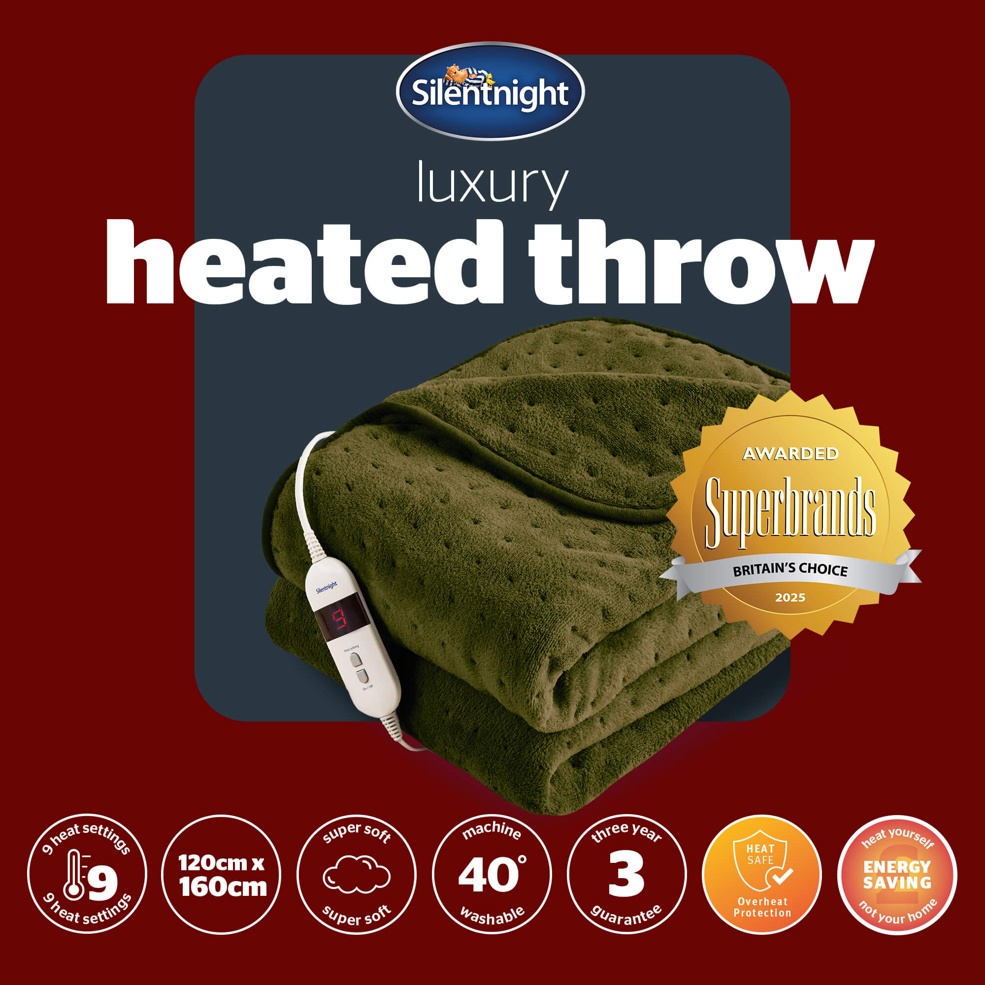 Silentnight Luxury Olive Green Fleece Heated Throw