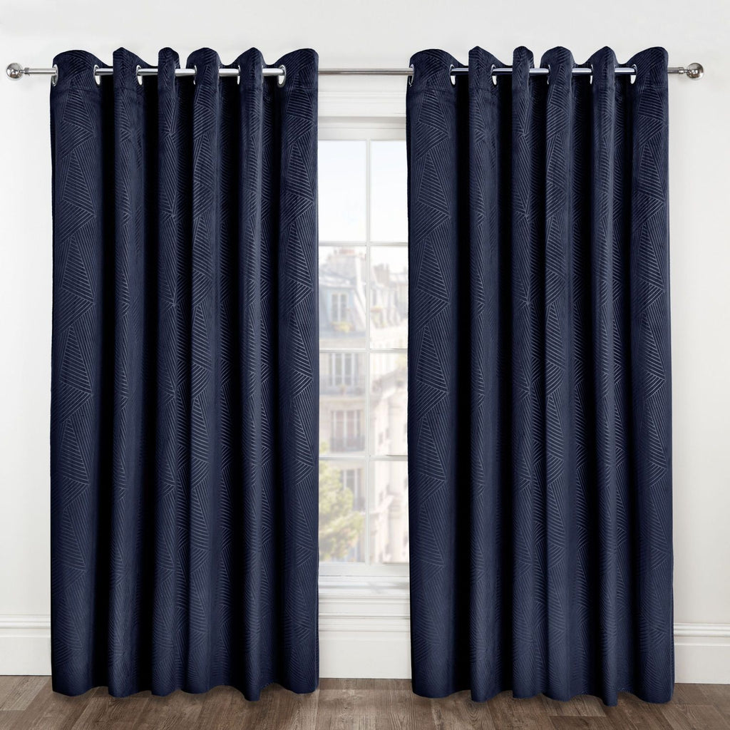 Midnight Navy Blue Embossed Velvet Thermal Blackout Eyelet Curtains