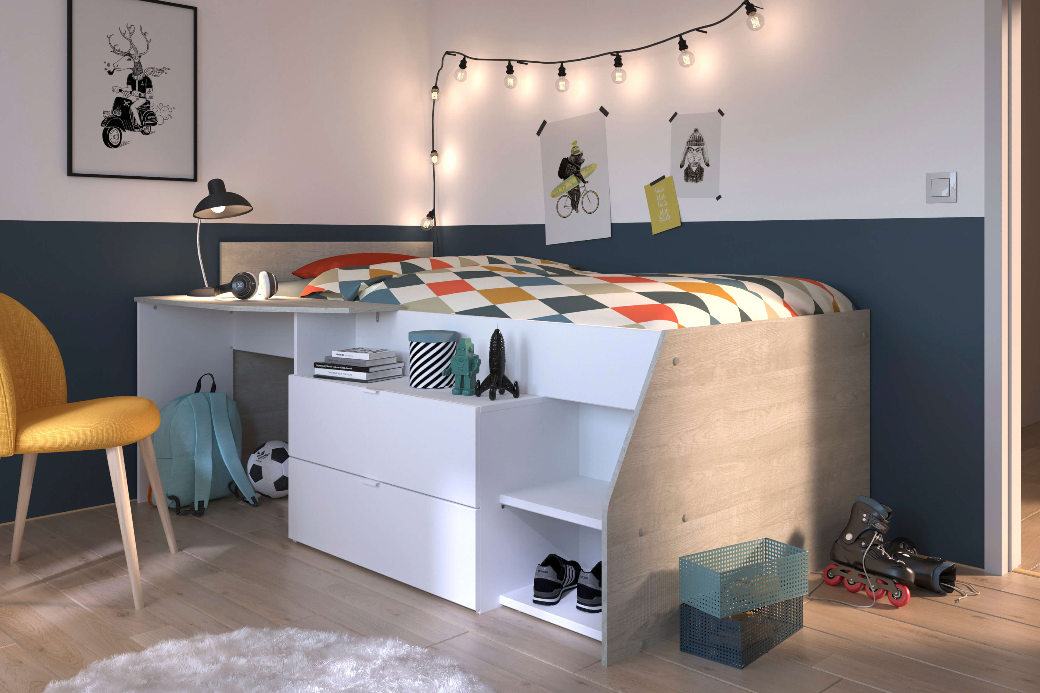Milky Mid Sleeper Bed with 2 Drawers & Desk