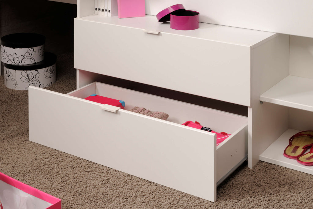 Milky Mid Sleeper Bed with 2 Drawers & Desk