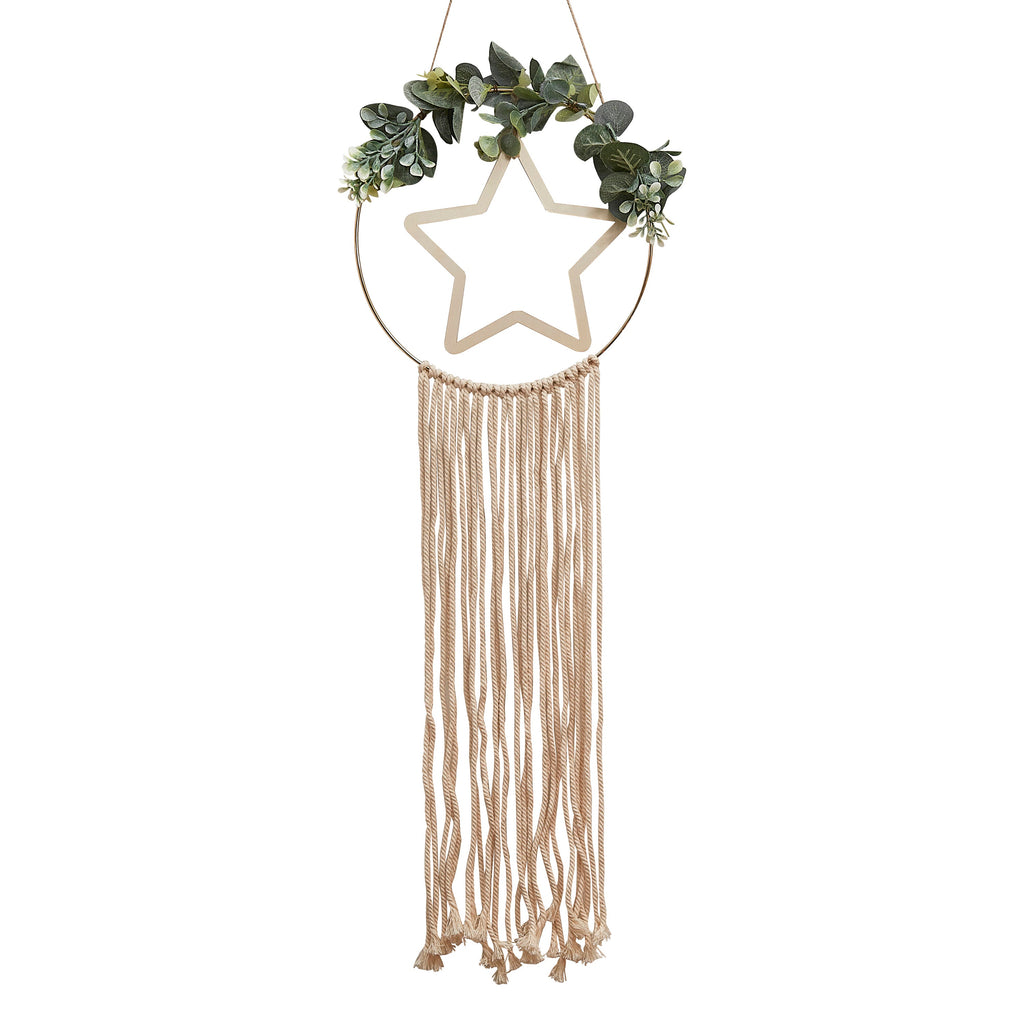 Wooden Hoop and Star Macrame Wall Hanging Wreath
