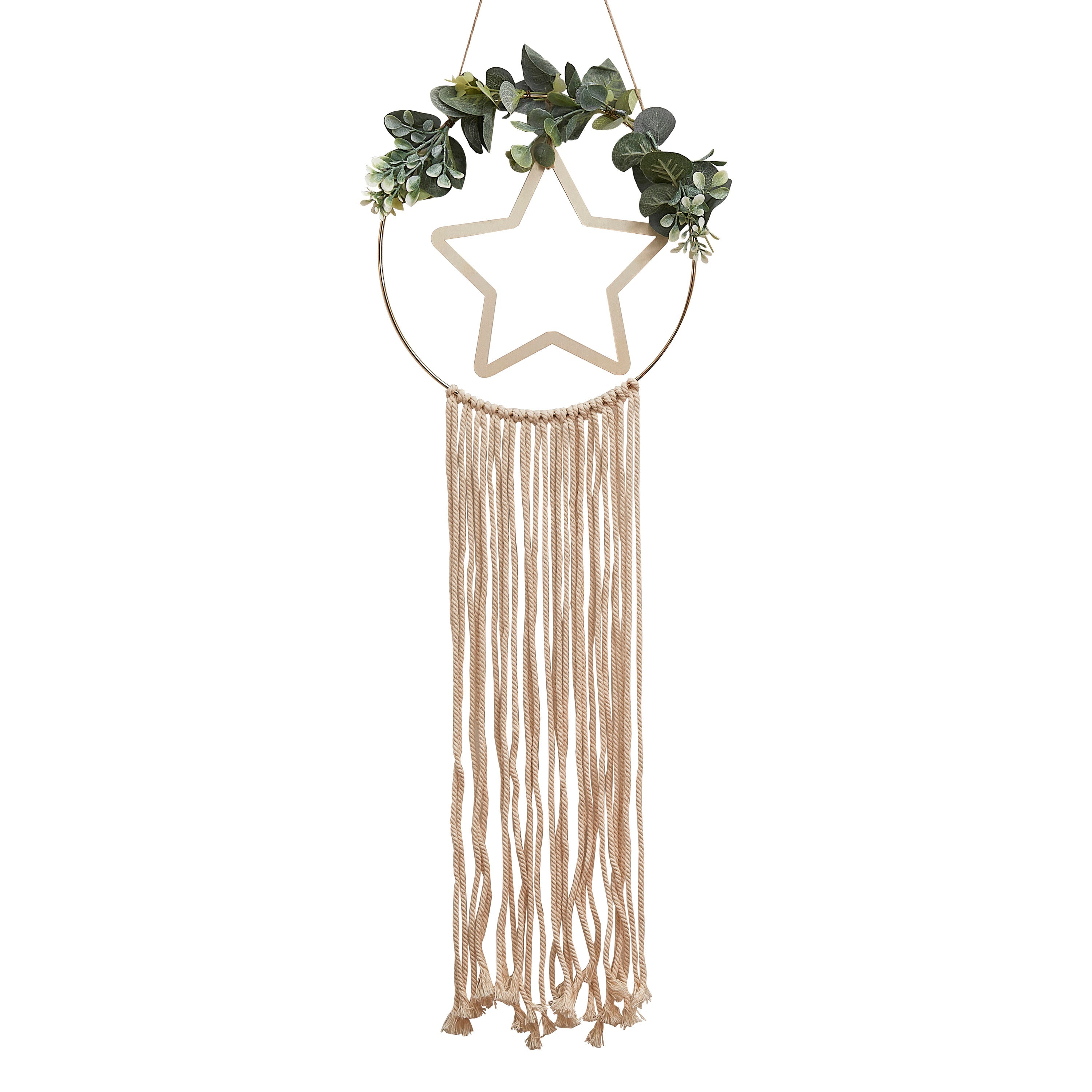 Wooden Hoop and Star Macrame Wall Hanging Wreath