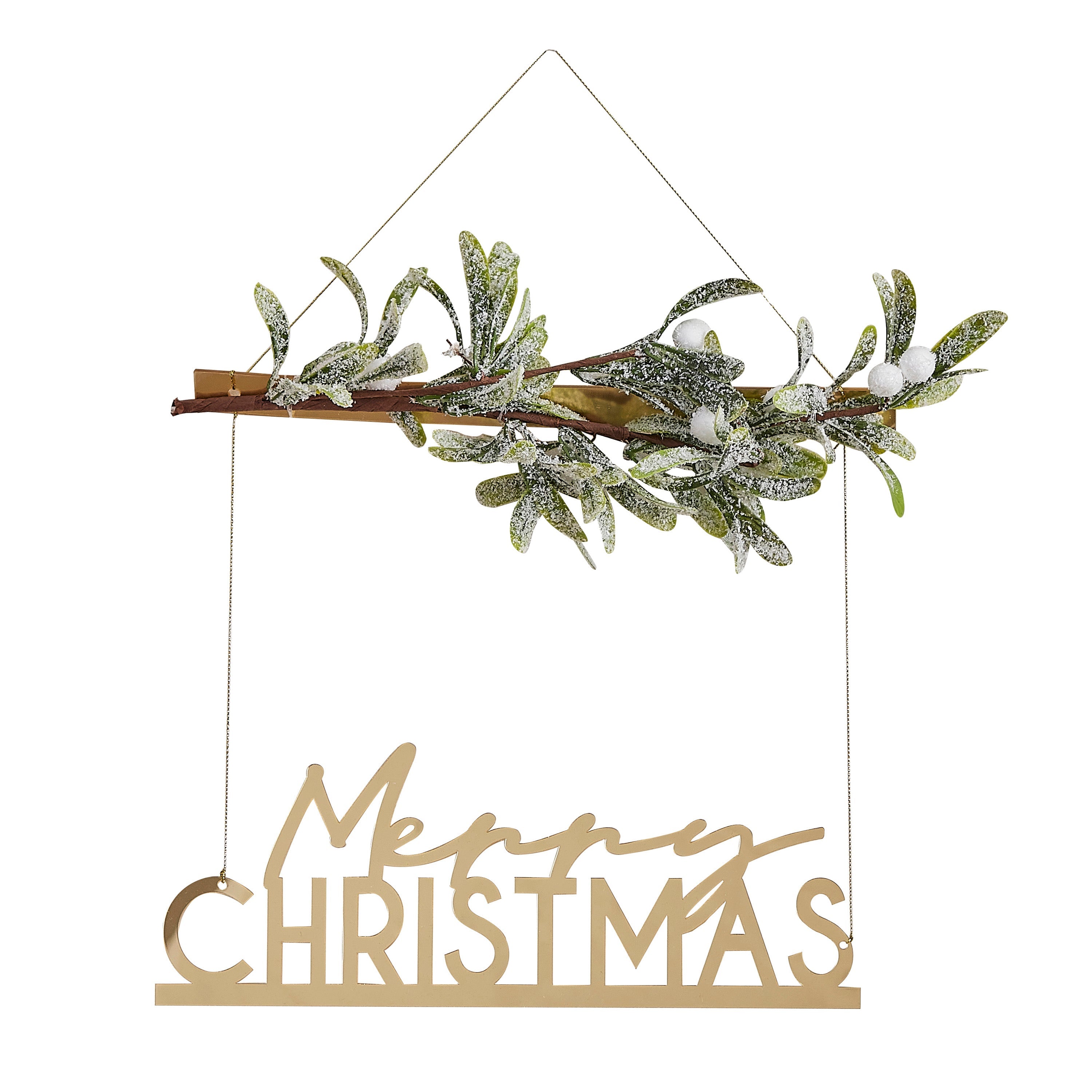 Gold Acrylic Merry Christmas Hanging Decoration with Mistletoe