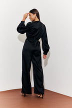 Twist Front Detail Wide Leg Satin Jumpsuit