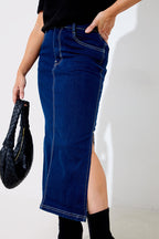 Contrast Stitch Denim Midi Skirt