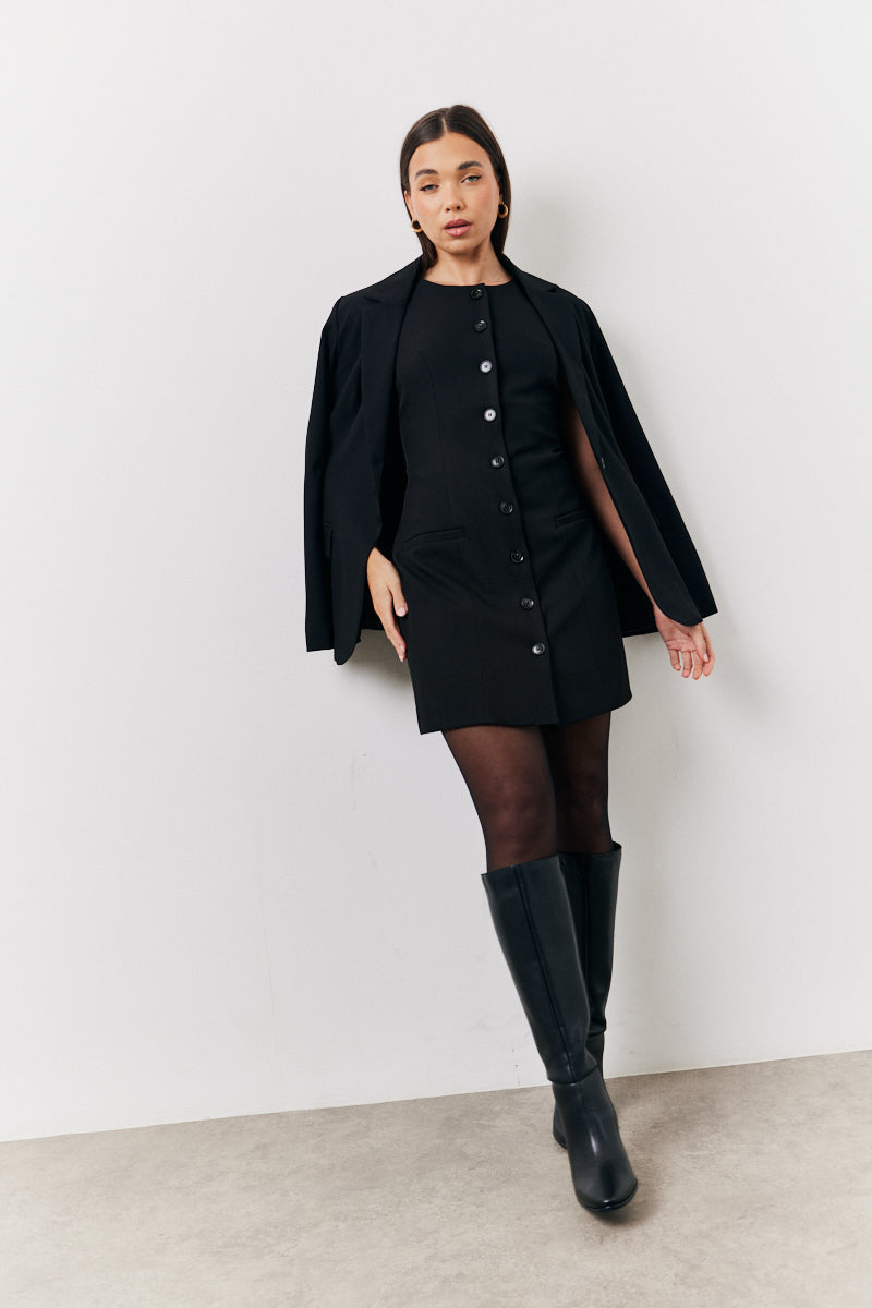 Black Tailored Button Through Mini Dress