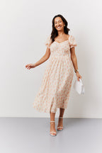 Cream Floral Print Puff Sleeve Milkmaid Midi Dress