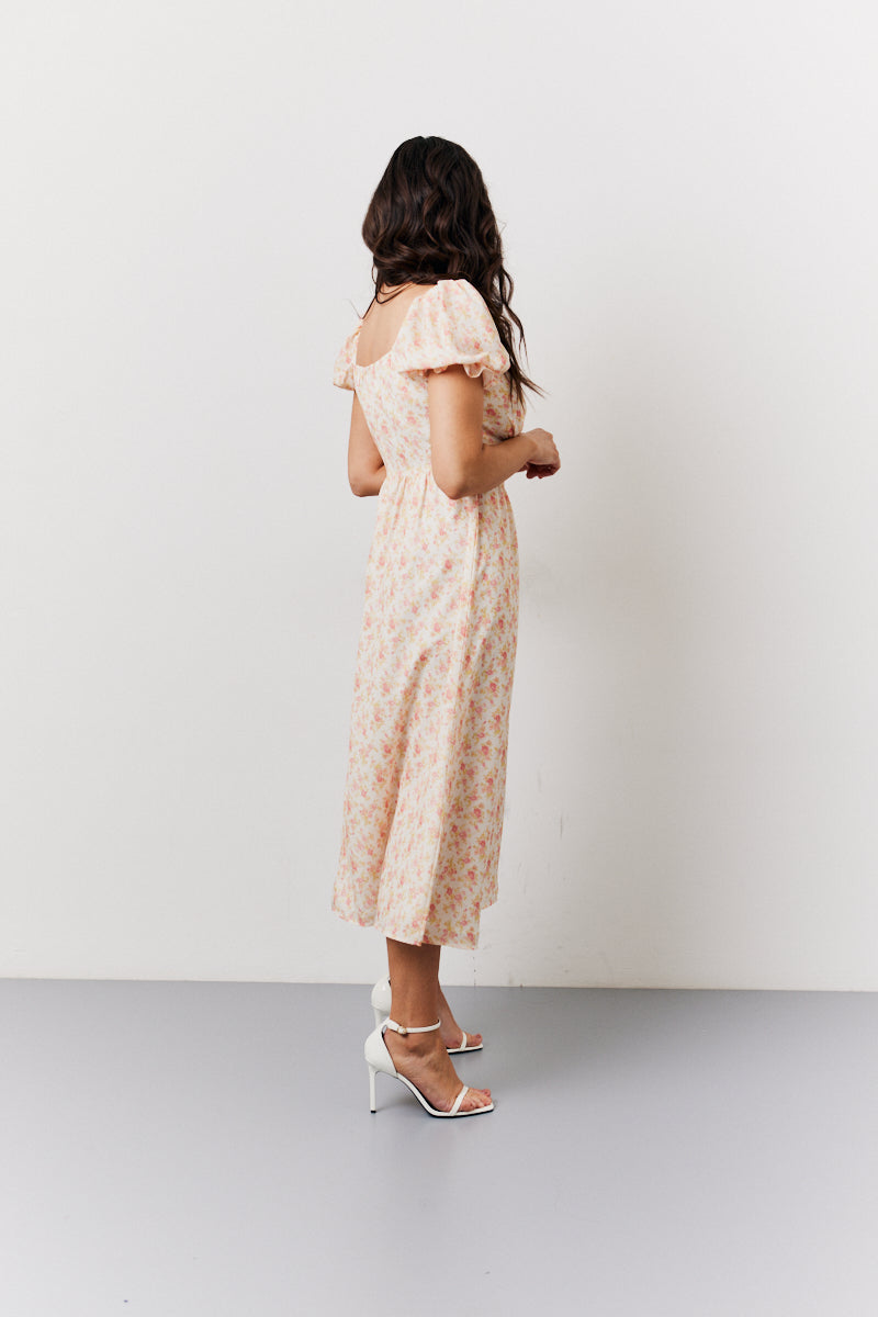 Cream Floral Print Puff Sleeve Milkmaid Midi Dress